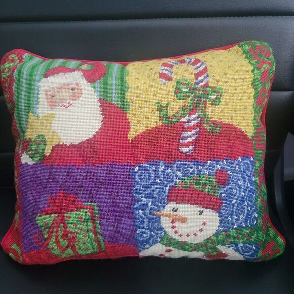 Christmas Holiday Needlepoint pillow red santa snowman candy cane present happy - Picture 1 of 12